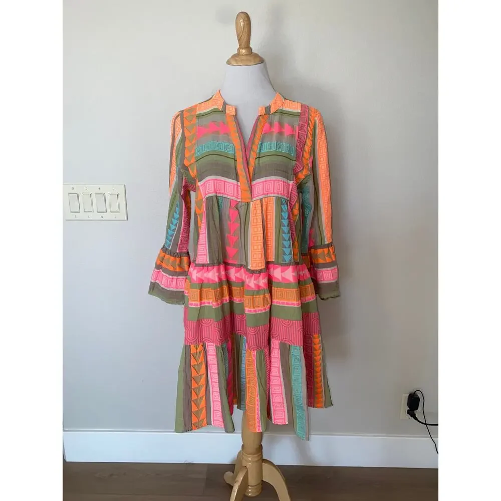 Devotion Twins Ella Short Mini Dress Pink Orange Print Anthropologie Medium - Picture 2 of 6